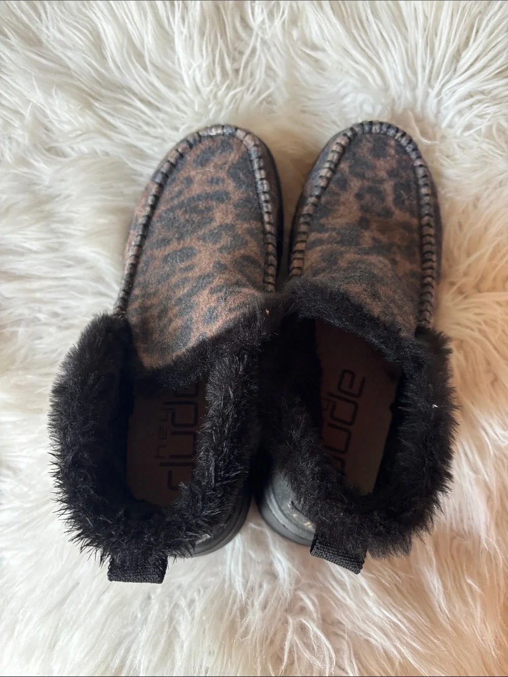 Hey Dude Denny Leopard Print Fur Lined Slip-On Boots in Brown and Black Size 9